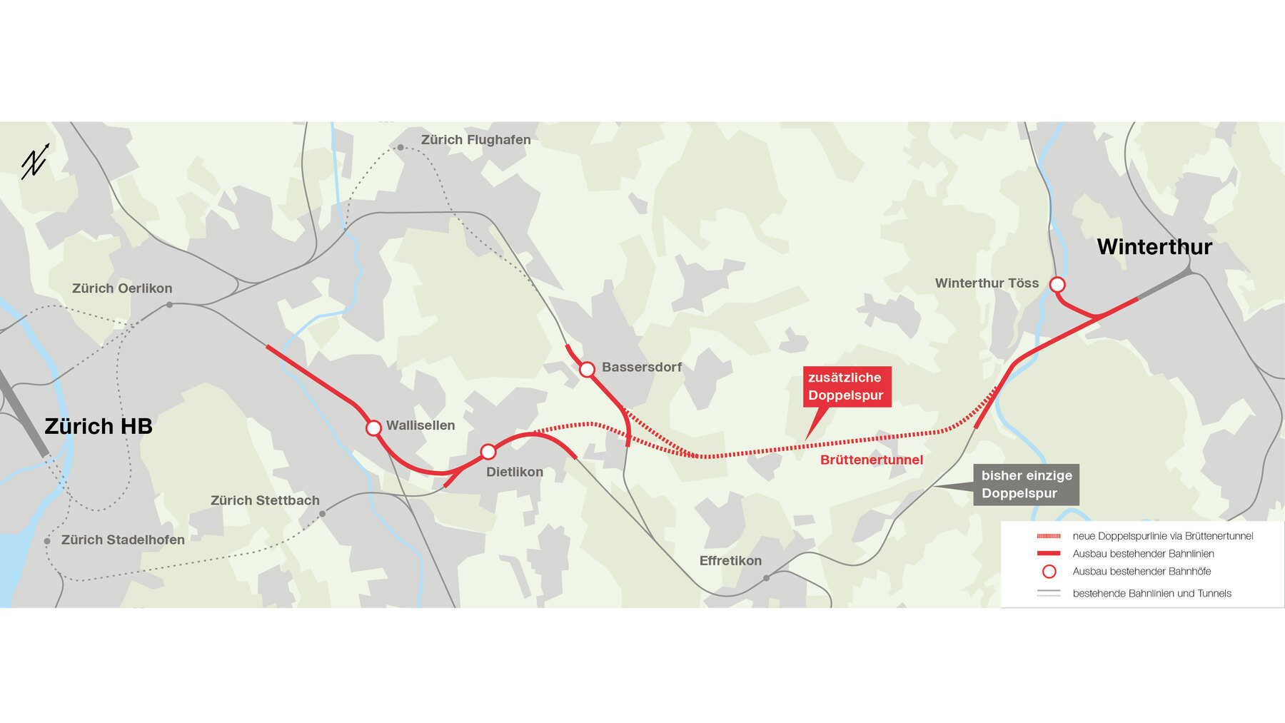 Übersichtskarte des Projekts MehrSpur Zürich–Winterthur mit Brüttenertunnel, zusätzlicher Doppelspur und den auszubauenden Bahnhöfen.