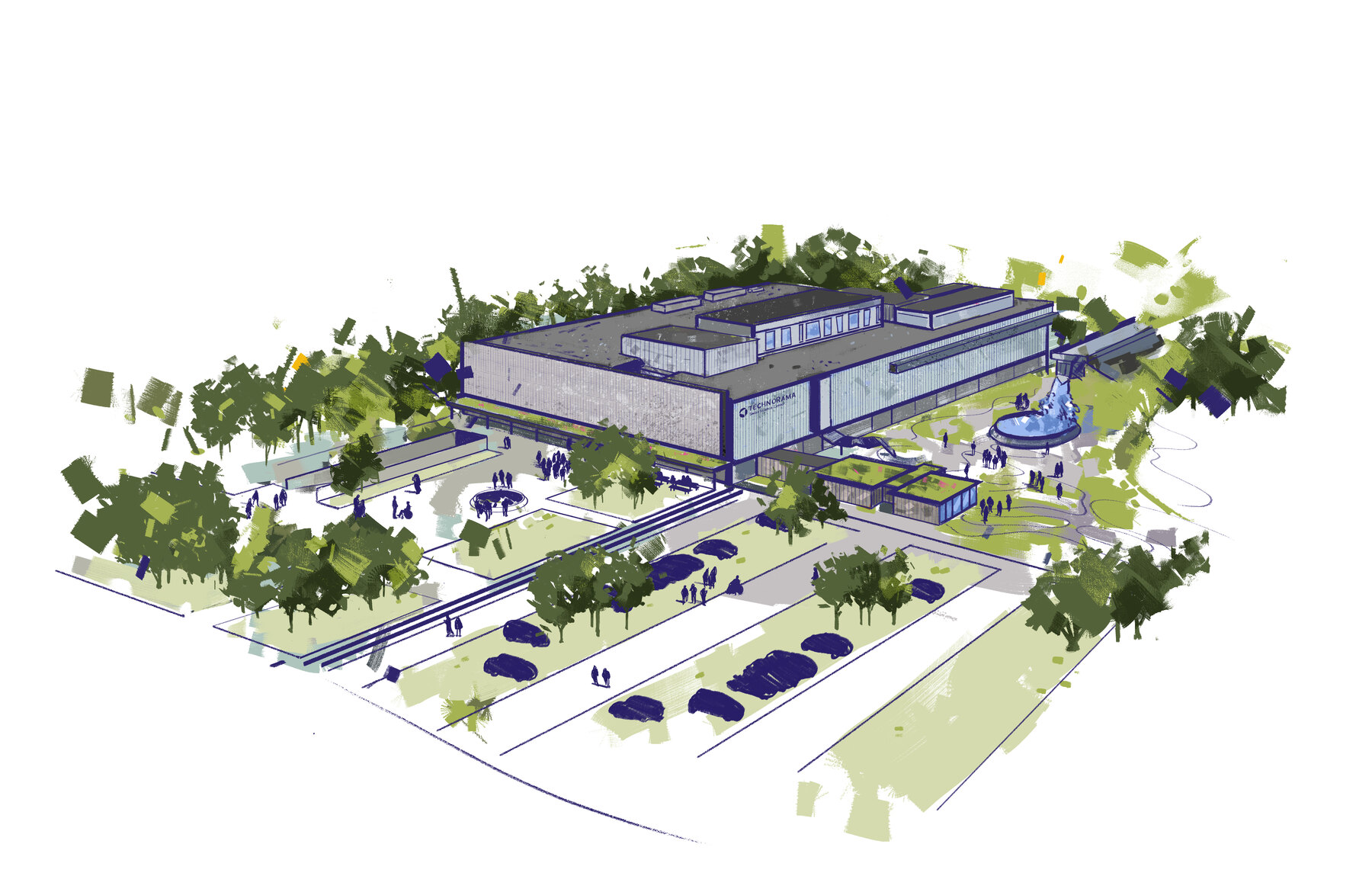 Gesamtvisualisierung des erneuerten Technorama mit umgestaltetem Gebäude, Piazza und begrünten Aussenräumen.